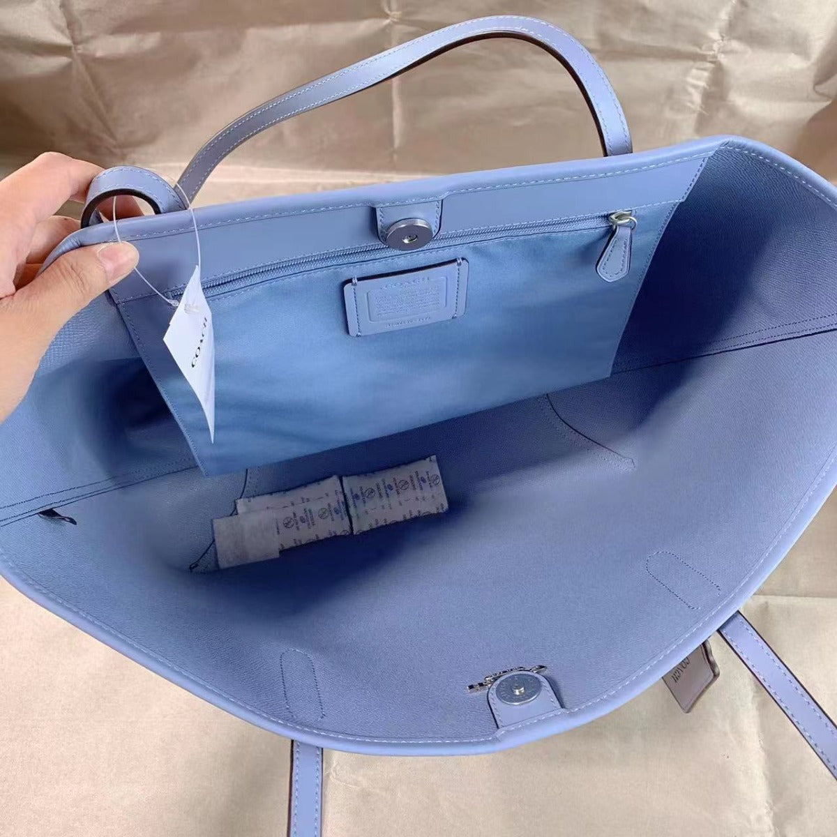Coach 5696 City Tote In Signature Canvas In Khaki/Marble Blue Coach 5696 City Tote In Signature Canvas In Khaki/Marble Blue